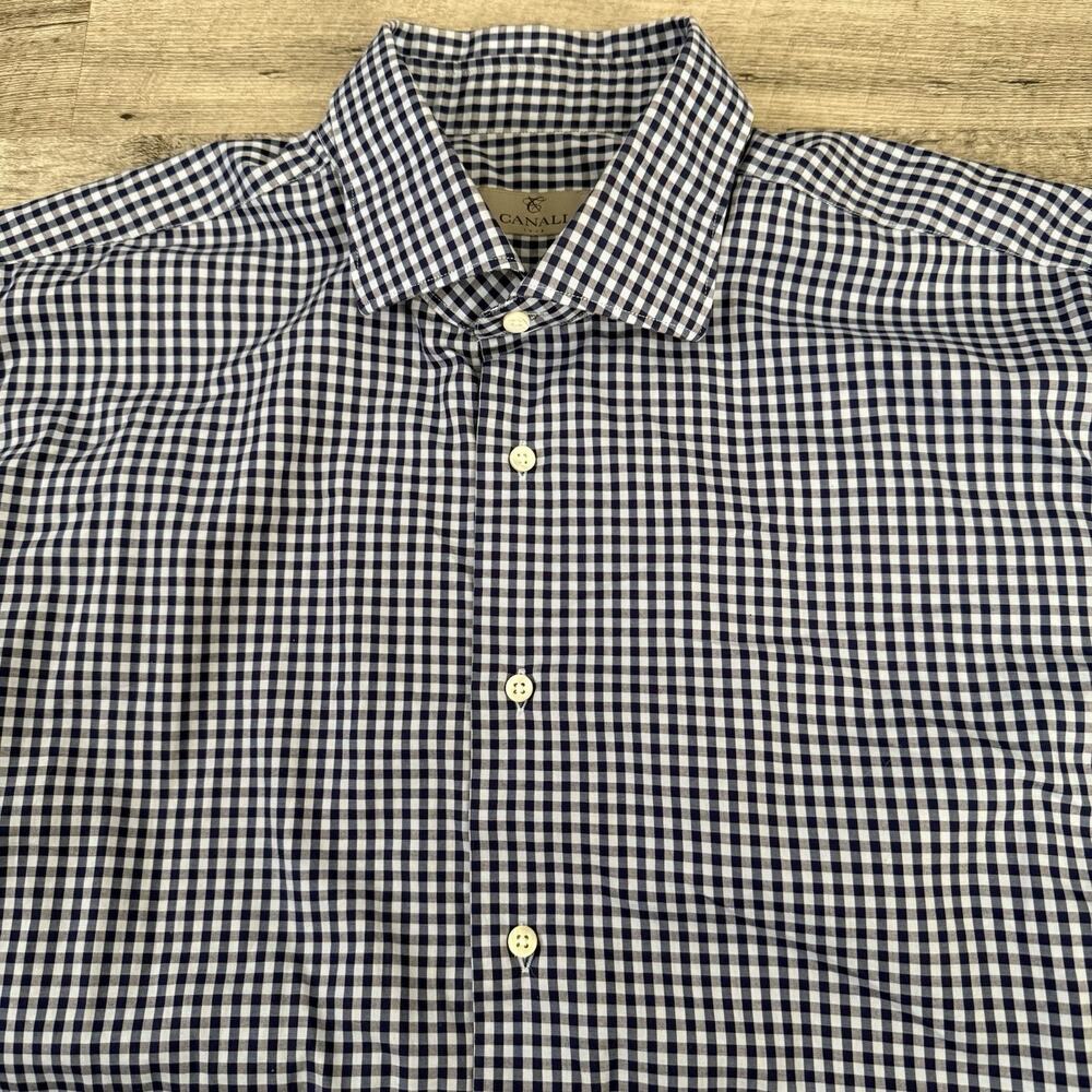 Canali Button Up Shirt Mens 17.5 Blue/Blue Gingham Check Long Sleeve Italy